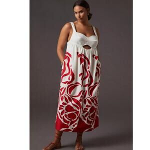 NWT Anthropologie Front Cutout Maxi Dress $248 MEDIUM Red Motif EMBROIDERED